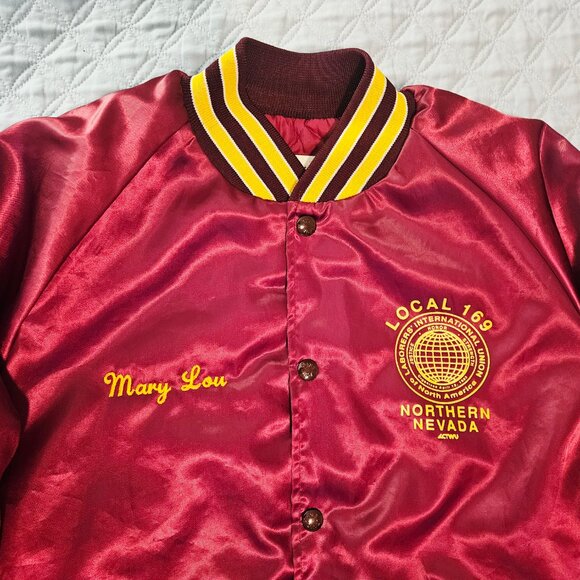 King Louie Vintage Burgundy Satin Bomber Jacket with Yellow Stripes Size M - Picture 2 of 6